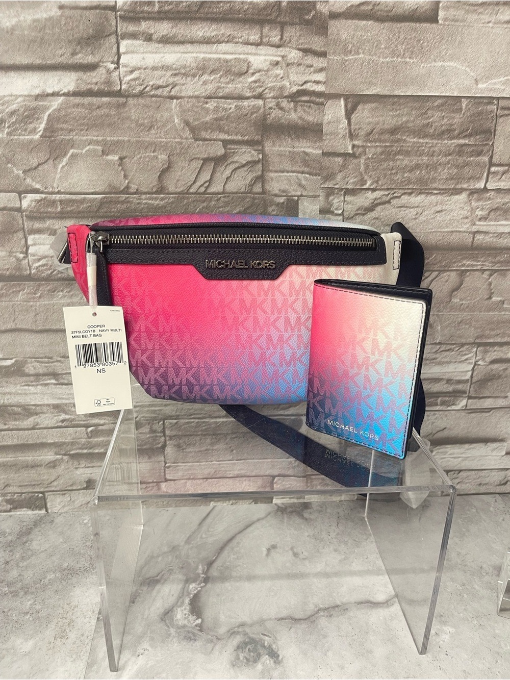 Michael Kors Cooper Gradient MK Logo Belt Bag & Matching Wallet Pink Blue White